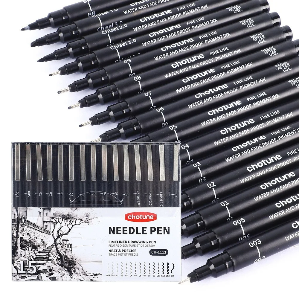 Copic Marker Sketch - Pena mikro hitam, 15 ukuran, tinta